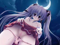 Rule 34 | 00s, 1girl, blush, breasts, censored, clothes lift, crescent moon, fujimiya chisa, game cg, gift (game), mitha, moon, night, panties, pussy, pussy juice, skirt, skirt lift, sky, solo, twintails, underwear, upskirt