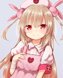Rule 34 | &gt; &lt;, 1girl, apron, armband, bandaged arm, bandages, baram, blush, grey background, hair between eyes, hair ornament, hat, heart, light brown hair, long hair, looking at viewer, natori sana, nurse cap, parted lips, pink apron, pink hat, puffy short sleeves, puffy sleeves, rabbit hair ornament, red eyes, sana channel, shirt, short sleeves, simple background, solo, tears, two side up, very long hair, virtual youtuber, white shirt