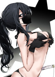 Rule 34 | 1girl, absurdres, arched back, bags under eyes, bikini, black bikini, black eyes, black gloves, black hair, breast lift, breasts, female focus, from side, gloves, hair between eyes, highres, kitayama w minami, mask, medium breasts, minekishi hayase, mouth mask, ponytail, profile, r10c, sheath, sheathed, sideways glance, solo, star (symbol), swimsuit, sword, weapon