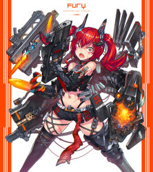 Rule 34 | 1girl, angry, arm blade, arm tattoo, asymmetrical arms, barcode tattoo, bare shoulders, bayonet, commentary request, cyborg, facial tattoo, fangs, finger on trigger, gia, gun, highres, legs apart, looking at viewer, mecha musume, midriff, navel, original, prosthesis, prosthetic arm, red eyes, red hair, rifle, scar, science fiction, short shorts, shorts, solo, tattoo, thighhighs, torn clothes, twintails, uneven eyes, weapon