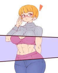 Rule 34 | !, 1girl, abs, adjusting eyewear, arm behind back, blunt bangs, bob cut, breasts, glasses, hand up, hanzo (2929), highres, large breasts, looking to the side, muscular, muscular female, orange hair, original, ribbed sweater, short hair, simple background, solo, sports bra, sweater, turtleneck, turtleneck sweater