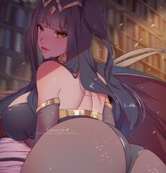 Rule 34 | 1girl, ass, black cape, black hair, blunt bangs, bodystocking, breasts, bridal gauntlets, cape, fire emblem, fire emblem awakening, gold, himmely, large breasts, library, long hair, looking back, nintendo, red cape, solo, tharja (fire emblem), tiara, two-tone cape, two side up, yellow eyes
