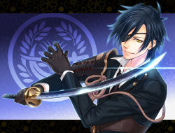 Rule 34 | 10s, 1boy, black gloves, black hair, blade, blue background, eyepatch, floral background, gloves, hair over one eye, holding, holding weapon, letterboxed, looking at viewer, male focus, shokudaikiri mitsutada, smile, solo, sword, touken ranbu, upper body, weapon, yellow eyes, zanshi