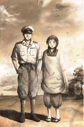 Rule 34 | 1boy, 1girl, apron, arm at side, belt, bird, blurry, blurry background, boat, creatrail, day, greyscale, hand on own hip, hat, hetero, highres, kappougi, looking at viewer, military hat, mole, mole under mouth, monochrome, navy, outdoors, pocket, sandals, shadow, shirt, short sleeves, shouwa, socks, tree, watercraft, white shirt, white socks, zouri
