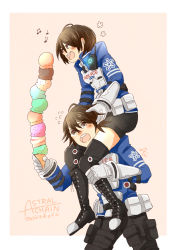 Rule 34 | 1boy, 1girl, akira howard, akira howard (female), akira howard (male), annoyed, astral chain, axi125, boots, brother and sister, brown hair, carrying, cross-laced footwear, food, gloves, ice cream, ice cream cone, knee pads, lace-up boots, long sleeves, musical note, police, police uniform, short hair, shorts, shoulder carry, siblings, spoken musical note, translation request, uniform, walkie-talkie, white gloves