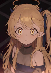 1girl absurdres bare_shoulders black_dress black_ribbon blonde_hair blue_archive blush closed_mouth demon_girl demon_horns dress hair_between_eyes hair_ribbon highres horns ibuki_(blue_archive) karadborg long_hair looking_at_viewer one_side_up pointy_ears ribbon sidelocks yellow_eyes