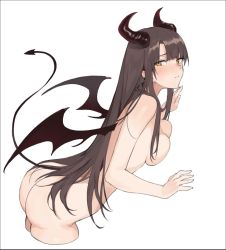 Rule 34 | 1girl, aiko (kanl), ass, bent over, breasts, brown hair, cropped legs, demon girl, demon horns, demon tail, demon wings, horns, invisible wall, long hair, looking at viewer, medium breasts, nude, original, parted lips, sidelocks, simple background, solo, tail, tail raised, taya (aiko), very long hair, white background, wings, yellow eyes