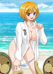 Rule 34 | 1girl, beach, blonde hair, blue eyes, breasts, cleavage, collarbone, cowboy shot, dougi, feet out of frame, karate gi, koala (one piece), kung fu dugong, large breasts, light blush, long sleeves, looking at viewer, no bra, no pants, one piece, open clothes, open gi, outdoors, panties, panty pull, parted lips, pointing, pointing at viewer, pulling own clothes, rider (orange couture), short hair, standing, sweat, teeth, thighs, underwear, undressing, upper teeth only, white panties