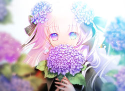 Rule 34 | 1girl, black ribbon, blue eyes, blue flower, blurry, covered mouth, depth of field, earrings, eyelashes, fingernails, flower, flower over mouth, gem, hair flower, hair flowing over, hair ornament, holding, holding flower, hydrangea, jewelry, leaf, light particles, long hair, looking at viewer, original, own hands together, personification, plastic moon, purple eyes, purple flower, ribbon, solo, upper body, white background, white hair