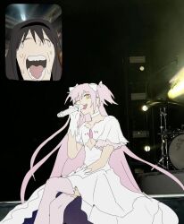 Rule 34 | 2girls, akemi homura, axy cang, black hair, black hairband, choker, closed eyes, commentary, crossed legs, crying, dress, fan screaming at madison beer (meme), gloves, hair ribbon, hairband, highres, holding, holding microphone, inset, kaname madoka, kaname madoka (magical girl), long hair, mahou shoujo madoka magica, mahou shoujo madoka magica: hangyaku no monogatari, meme, microphone, multiple girls, music, one eye closed, open mouth, photo background, pink hair, pink thighhighs, ribbon, short twintails, singing, sitting, teeth, thighhighs, twintails, ultimate madoka, white choker, white dress, white gloves, white ribbon