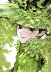 Rule 34 | 1boy, :3, artist name, black eyes, black hair, blush, from side, gon freecss, green jacket, highres, hunter x hunter, jacket, leaf, leaf hat, looking at viewer, male focus, nwocp, outdoors, short hair, smile, solo, white background