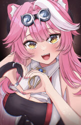 1girl absurdres animal_ear_fluff animal_ears beret black_hat black_tube_top blush breasts cat_ears cat_girl cleavage fangs goggles goggles_on_head hat heart heart_hands highres hololive hololive_english jewelry large_breasts looking_at_viewer multicolored_hair nail_polish open_mouth pink_hair pink_nails raora_panthera ring smile solo strapless streaked_hair teeth tube_top upper_teeth_only vest virtual_youtuber white_hair white_vest yanagi_arisa yellow_eyes