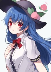 Rule 34 | 1girl, black headwear, blue hair, blush, buttons, collared shirt, fruit hat ornament, hair between eyes, hat ornament, highres, hinanawi tenshi, long hair, meimei (meimei89008309), parted lips, peach hat ornament, red eyes, shirt, short sleeves, simple background, solo, touhou, upper body, white background, white shirt