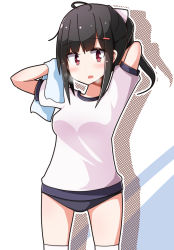 Rule 34 | 1girl, ac130, ahoge, arms behind head, black hair, blue background, blush, breasts, breath, buruma, commentary request, girls&#039; frontline, gsh-18 (girls&#039; frontline), gym uniform, hair ornament, hair ribbon, hairclip, highres, looking at viewer, medium breasts, open mouth, ribbon, shadow, shirt, short sleeves, sidelocks, thighhighs, towel, two-tone background, white background, white shirt
