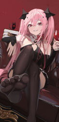 Rule 34 | 1girl, absurdres, auguste, bare shoulders, glass, highres, krul tepes, looking at viewer, owari no seraph, pink eyes, pink hair, sitting, smile, solo, twintails, vampire