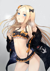 Rule 34 | 1girl, abigail williams (emerald float) (fate), abigail williams (fate), abigail williams (traveling outfit) (fate), bikini, black bikini, black bow, black jacket, blonde hair, blue eyes, blush, bow, commentary request, emerald float, fate/grand order, fate (series), forehead, grey background, hair bow, half-closed eyes, hands up, heroic spirit traveling outfit, highleg, highleg bikini, jacket, kyoeiki, layered bikini, long hair, long sleeves, looking at viewer, navel, official alternate costume, open clothes, open jacket, orange bow, parted bangs, parted lips, polka dot, polka dot bow, sleeves past wrists, solo, space print, starry sky print, swimsuit, unmoving pattern, very long hair