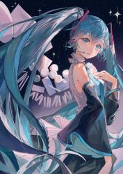Rule 34 | 1girl, absurdres, aqua eyes, aqua hair, aqua necktie, bare shoulders, black skirt, black sleeves, blinklikeer, cowboy shot, dark background, detached sleeves, floating hair, frilled shirt, frills, from side, grin, hair ornament, hand on own chest, hand up, hatsune miku, headset, highres, long hair, looking at viewer, miniskirt, necktie, shirt, sidelighting, skirt, sleeveless, sleeveless shirt, smile, solo, sparkle, turning head, twintails, very long hair, vocaloid, white shirt, wide sleeves