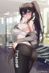 Rule 34 | 1girl, absurdres, ass, bare shoulders, black hair, black pants, blurry, blurry background, breasts, counter:side, cowboy shot, crop top, depth of field, earphones, from behind, grey jacket, gym, highres, indoors, jacket, large breasts, long hair, long sleeves, looking at viewer, looking back, maett, midriff, off shoulder, open clothes, open jacket, pants, pantylines, parted lips, ponytail, purple eyes, sidelocks, skindentation, sleeveless, solo, spaghetti strap, sports bra, standing, sweat, very long hair, yoga pants, yoo mina