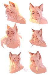 Rule 34 | 1girl, animal ear fluff, animal ears, artist name, blue eyes, commentary, cropped torso, english commentary, expressions, fox ears, freckles, heterochromia, highres, long hair, looking at viewer, looking away, losse (personal ami), multiple views, original, personal ami, simple background, thick eyebrows, white background, white hair, yellow eyes