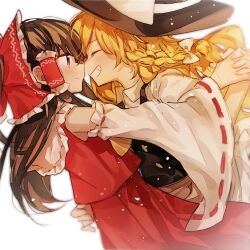 Rule 34 | 2girls, ascot, blonde hair, blush, bow, braid, brown eyes, brown hair, closed mouth, detached sleeves, frilled bow, frilled hair tubes, frills, grin, hair bow, hair tubes, hakurei reimu, hat, hat bow, holding hands, interlocked fingers, inuko (ink0425), kirisame marisa, long hair, multiple girls, red bow, red skirt, ribbon-trimmed sleeves, ribbon trim, side braid, single braid, skirt, skirt set, smile, touhou, white bow, witch hat, yellow ascot, yuri