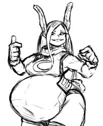Rule 34 | big belly, boku no hero academia, breasts, dark-skinned female, dark skin, eightxl, fat, full stomach, inflation, large breasts, looking at stomach, mirko, pointing, pointing at self, rabbit girl, sketch, smug