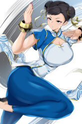 Rule 34 | 1girl, absurdres, black hair, blue pants, breasts, capcom, chinese clothes, chun-li, cleavage, cleavage cutout, clothes lift, clothing cutout, cowboy shot, dress, earrings, fighting stance, floating clothes, hair bun, hair ribbon, highres, jewelry, kung fu, large breasts, looking to the side, maruyaa (malya1006), pants, puffy short sleeves, puffy sleeves, purple nails, ribbon, short sleeves, solo, street fighter, street fighter 6, thick thighs, thighs, white dress