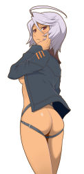 Rule 34 | 10s, 1girl, ahoge, ass, ass cutout, belt, blush, bottomless, breasts, buckle, clothing cutout, dark skin, dark-skinned female, from behind, hand on own cheek, hand on own face, highres, jacket, long sleeves, looking at viewer, looking back, maruto!, no panties, open clothes, open jacket, purple hair, red eyes, short hair, solo, standing, uchuu senkan yamato, uchuu senkan yamato 2199, yamamoto akira