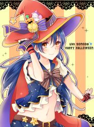 Rule 34 | 10s, 1girl, akit (15jamjam), bad id, bad pixiv id, belt, belt buckle, blue hair, bow, bowtie, buckle, character name, english text, fingerless gloves, gloves, halloween, happy halloween, hat, hat ribbon, highres, love live!, love live! school idol festival, love live! school idol project, midriff, navel, ribbon, solo, sonoda umi, star (symbol), striped background, striped clothes, striped gloves, vertical stripes, witch hat