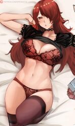 Rule 34 | 1girl, :o, absurdres, bra, breasts, choker, clothes lift, condom, condom wrapper, hair over one eye, highres, kirijou mitsuru, large breasts, lying, nero watch, on back, panties, persona, persona 3, red bra, red eyes, red hair, red panties, shirt lift, solo, thighhighs, underwear, underwear only