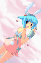 Rule 34 | 1girl, animal ears, bare shoulders, blue hair, blush, butterfly wings, cloud, framboosi, heart, insect wings, looking back, mizumi, open mouth, original, purple eyes, rabbit ears, rabbit tail, short hair, skirt, smile, solo, tail, v, wings