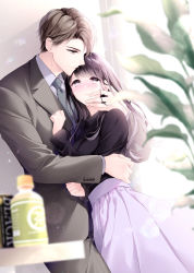 Rule 34 | 1boy, 1girl, black hair, black shirt, blurry, blurry foreground, blush, brown eyes, brown hair, can, canned coffee, cover, cover page, drink can, formal, grey pants, grey suit, hetero, highres, hug, indoors, long hair, novel cover, original, pants, plant, shirt, skirt, standing, suit, textless version, white skirt, window, yuka (mischief)