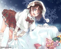 Rule 34 | 1girl, :d, booota, brown hair, buuta, capelet, christmas, gift, hat, holding, looking at viewer, open mouth, original, plaid, plaid skirt, sack, grey eyes, skirt, smile, solo, watermark, web address