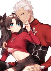 Rule 34 | 1boy, 1girl, abs, archer (fate), black bow, black skirt, blue eyes, blush, bow, bra, breasts, brown hair, cleavage, clothes lift, covered navel, dark-skinned male, dark skin, fate/stay night, fate (series), green eyes, hair bow, half-closed eyes, hand on another&#039;s chin, long hair, long sleeves, looking at viewer, medium breasts, navel, parted lips, pink bra, pleated skirt, red sweater, sakura yuki (clochette), shirt lift, simple background, sitting, sitting on lap, sitting on person, skirt, stomach, sweater, thigh grab, thighhighs, tohsaka rin, turtleneck, turtleneck sweater, underwear, very long hair, white background, white hair