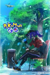Rule 34 | 10s, 1girl, backpack, bag, baseball cap, bottle, chair, choker, commentary request, copyright name, cropped jacket, dragonite, drinking, female protagonist (pokemon go), fingerless gloves, flying, forest, gen 1 pokemon, gloves, hat, holding, holding poke ball, leaf, metapod, nature, oddish, pants, pants under skirt, poke ball, pokemon, pokemon (creature), pokemon go, ponytail, purple hair, shirt, shoes, shorts, sitting, sneakers, torichamaru, tree, twitter username, water bottle, wings, yoga pants