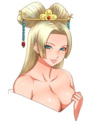 Rule 34 | 1girl, bare shoulders, blonde hair, blue eyes, breasts, cleavage, large breasts, long hair, looking at viewer, matoyama, smile, solo, upper body, white background