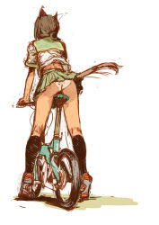 Rule 34 | 00s, 1girl, animal ears, ass, bicycle, black socks, branch (blackrabbits), brown hair, cat ears, cat girl, cat tail, clothes lift, final fantasy, final fantasy xi, folding bicycle, from behind, kneepits, mithra (ff11), non-web source, original, panties, riding, school uniform, serafuku, short hair, skirt, skirt lift, socks, solo, source request, tail, underwear, upskirt, white panties