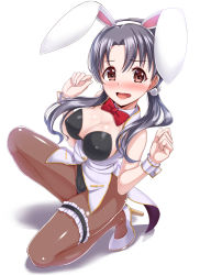 Rule 34 | 1girl, animal ears, black leotard, blush, bow, bowtie, breasts, brown eyes, cleavage, covered erect nipples, dan (orange train), detached collar, embarrassed, fake animal ears, full body, garter belt, grey hair, high heels, idolmaster, idolmaster million live!, large breasts, leotard, long hair, looking at viewer, open mouth, pantyhose, playboy bunny, rabbit ears, rabbit tail, red bow, red bowtie, simple background, solo, strapless, strapless leotard, tail, takayama sayoko, vest, white background, white footwear, white vest, wrist cuffs