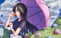 Rule 34 | 1girl, ahoge, alternate hairstyle, black hair, blouse, blue eyes, blue shirt, blue sky, cloud, commentary request, day, highres, kako (kancolle), kantai collection, long hair, looking at viewer, official alternate costume, outdoors, panda (heart sink), pink umbrella, shirt, sign, skirt, sky, solo, umbrella, white skirt