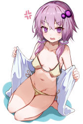 1girl anger_vein angry bikini blush breasts commentary efe highres holding holding_towel open_mouth oversized_clothes purple_eyes purple_hair short_hair_with_long_locks side-tie_bikini_bottom sitting small_breasts solo sweatdrop swimsuit towel vocaloid voiceroid yuzuki_yukari