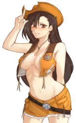 Rule 34 | 1girl, absurdres, arms behind back, arms up, bare arms, bare shoulders, belt, black hair, breasts, buttons, cleavage cutout, clothing cutout, collarbone, commentary request, cowboy hat, cowgirl (western), cropped jacket, earrings, final fantasy, final fantasy vii, hat, highres, jewelry, large breasts, long hair, looking at viewer, miniskirt, navel, parted lips, red eyes, simple background, skirt, sleeveless, sleeveless jacket, smile, solo, stomach, tifa lockhart, tifa lockhart (cowgirl), transparent background, tridisart, white background