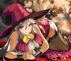 Rule 34 | &gt;:p, 10s, 1girl, :p, ass, bare shoulders, bracelet, breasts, dress, foreshortening, garter straps, granblue fantasy, hair between eyes, hat, jewelry, large breasts, long hair, looking at viewer, lying, magisa (granblue fantasy), makumaxu, on side, purple eyes, see-through, see-through legwear, side ponytail, silver hair, smile, solo, thighhighs, tongue, tongue out, tsurime, v-shaped eyebrows, witch, witch hat