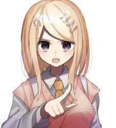 Rule 34 | 1girl, ahoge, akamatsu kaede, blonde hair, breasts, collared shirt, commentary request, danganronpa (series), danganronpa v3: killing harmony, eighth note, fortissimo, hair ornament, long hair, long sleeves, looking at viewer, mdr (mdrmdr1003), musical note, musical note hair ornament, necktie, open mouth, orange necktie, pink vest, pointing, pointing at viewer, red eyes, shirt, simple background, solo, upper body, vest, white background, white shirt