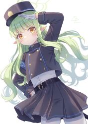 Rule 34 | 1girl, belt, black belt, black hat, black jacket, black skirt, black tail, blue archive, blush, closed mouth, cowboy shot, demon tail, gloves, green hair, green halo, halo, hat, highres, hikari (blue archive), jacket, long hair, long sleeves, looking at viewer, lulinco, pantyhose, peaked cap, pleated skirt, pointy ears, simple background, skirt, solo, tail, white background, white gloves, white pantyhose, yellow eyes
