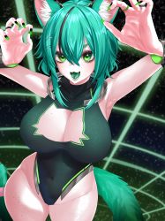 Rule 34 | 1girl, absurdres, animal ears, breasts, cat cutout, cat ears, cat girl, cat tail, cleavage, clothing cutout, colored tongue, freckles, green eyes, green hair, green nails, green tongue, highres, huug, indie virtual youtuber, large breasts, leotard, momo (vtuber), nail polish, open mouth, second-party source, solo, star (symbol), starry background, tail, virtual youtuber
