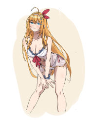 Rule 34 | 1girl, absurdres, ahoge, bare legs, bare shoulders, bikini, blonde hair, blue eyes, braid, breasts, cleavage, collarbone, feet out of frame, hair ornament, hair ribbon, headband, highres, leaning forward, long hair, looking at viewer, medium breasts, navel, open mouth, pecorine (princess connect!), pecorine (summer) (princess connect!), pectoral cleavage, pectorals, princess connect!, ribbon, see-through, simple background, solo, standing, sweat, swimsuit, tamago (eva1314056), teeth, two-tone background, white bikini, white headband