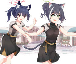 Rule 34 | 2girls, :d, absurdres, alternate costume, alternate hairstyle, animal ear fluff, animal ears, belt, black hair, black skirt, blue archive, casual, cat ears, cat girl, cat tail, collarbone, commentary, crossover, english commentary, green eyes, hair between eyes, halo, highres, holding hands, karyl (princess connect!), long hair, looking at another, maxwelzy, multicolored hair, multiple girls, open mouth, ponytail, princess connect!, red eyes, running, serika (blue archive), short sleeves, sidelocks, skirt, smile, streaked hair, sweatdrop, tail