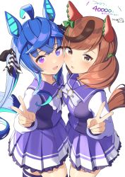 Rule 34 | 2girls, :d, ahoge, animal ears, blue hair, blush, bow, breasts, brown eyes, brown hair, commentary request, ear bow, green bow, highres, hirota fruit, horse ears, horse girl, horse tail, long hair, long sleeves, looking at viewer, multiple girls, nice nature (umamusume), open mouth, pleated skirt, purple legwear, purple shirt, purple skirt, shirt, simple background, skirt, small breasts, smile, tail, thighhighs, translation request, twin turbo (umamusume), twintails, umamusume, v, very long hair, white background, white bow