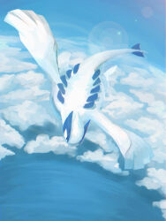 Rule 34 | above clouds, animal focus, black eyes, blue background, blue sky, blue theme, butter (oshi8kyoumoh), cloud, creatures (company), day, flying, from above, full body, game freak, gen 2 pokemon, highres, legendary pokemon, lens flare, lugia, monochrome, nintendo, no humans, outdoors, pokemon, pokemon (creature), sky, solo