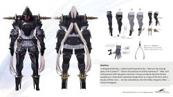 Rule 34 | 1girl, absurdres, armor, armored boots, black armor, black footwear, black gloves, boots, commentary, concept art, copyright name, dianthus (harvestella), english commentary, english text, full body, gauntlets, gloves, harvestella, highres, official art, robot, solo, yasushi hasegawa