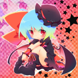 Rule 34 | 1girl, ayakashi (monkeypanch), bat wings, blue hair, boots, dress, female focus, full body, gradient background, hat, highres, red eyes, remilia scarlet, slit pupils, solo, star (symbol), touhou, wings, wrist cuffs, zoom layer